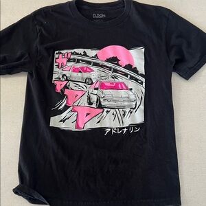 Eldon Kids Black Graphic Tee with Pink Racing Print